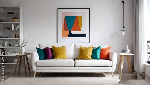 Luxury nterior design of modern living room, home with Colorful  pillows on sofa and  art poster frame on the wall photo