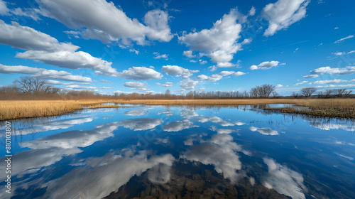 The mirrored surface of a vernal pool reflecting the vivid blue sky and fluffy clouds, shot with an ultra HD camera using a polarizing filter to enhance colors photo