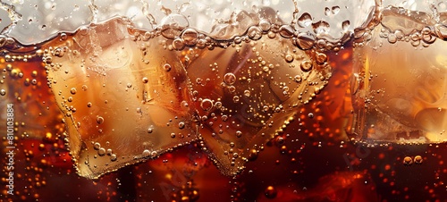 Cola with ice. Close-up of ice cubes in cola water. Texture of a carbonated drink with bubbles in the glass. Cola soda and ice splash fizzy or float on the surface. Cold drink background. 