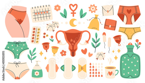 Menstrual period set. Female period products - tampon  pads  menstrual cup  panties  monthly calendar  pills. Female hygiene. Vector illustration in flat style