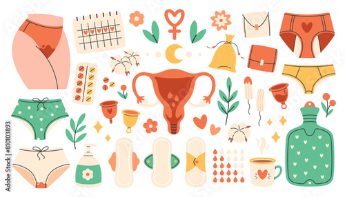 Menstrual period set. Female period products - tampon, pads, menstrual cup, panties, monthly calendar, pills. Female hygiene. Vector illustration in flat style