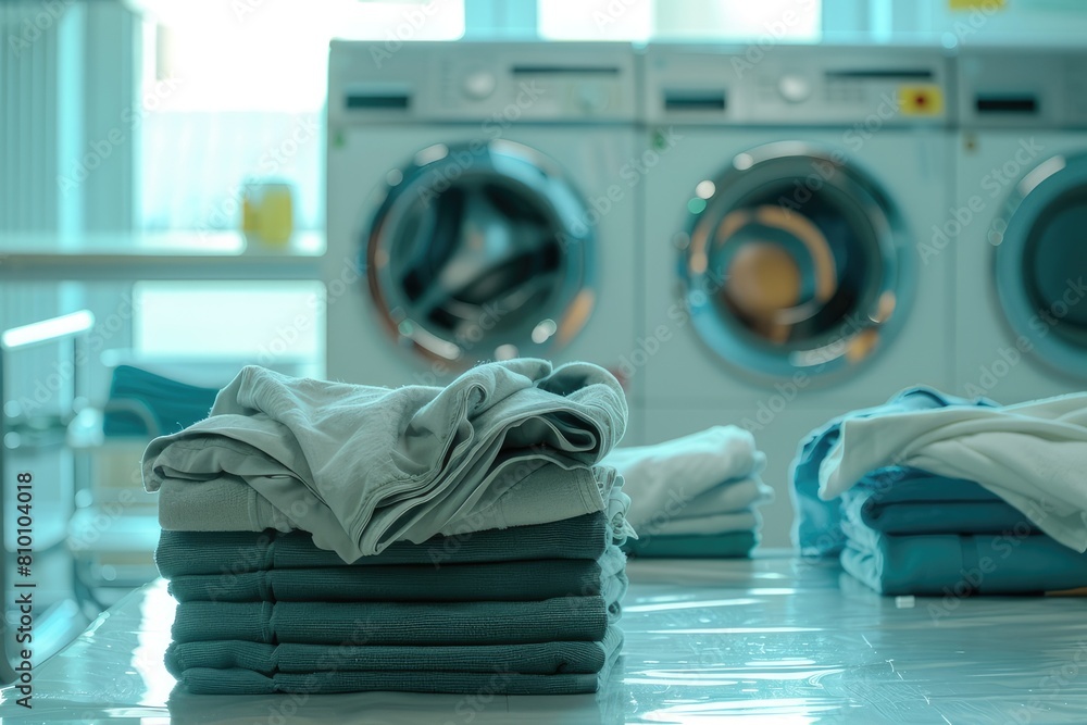 Dry cleaning - laundry with washing machines and stacks of laundry. Dry cleaning - laundry with washing machines and stacks of laundry.