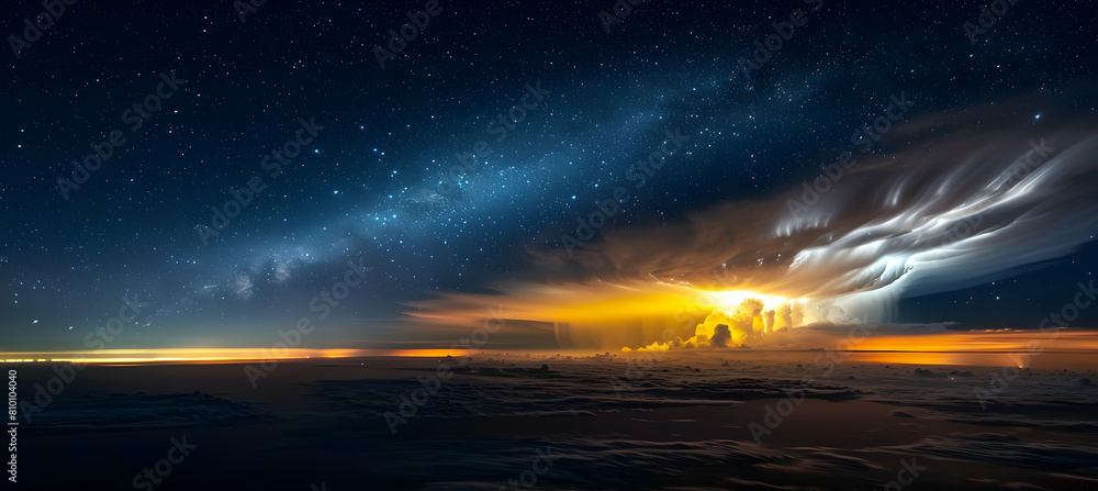 Obraz premium The rare sight of a stratospheric storm, with lightning illuminating thin, wispy clouds against a starry night sky