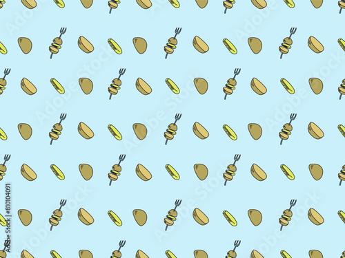 Seamless pattern made of hand drawn cartoon styled burger or potato on the fork, with cutlet in the middle, and it's separated parts. Blue backdrop. Food and drink. Vector illustration. 