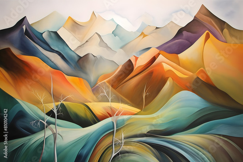 fascinating mountain amidst hills, abstract landscape painting, nature beauty, expressive art, generative ai
