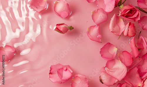 Rose petals floating on a water surface with a pink background. Delicate rose petals in a sense of ephemeral vitality with copy space.