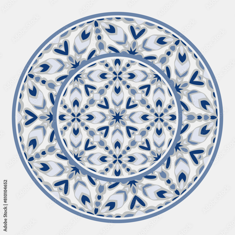 Decorative round ornament in white gray blue. Pattern for plates or dishes. Porcelain pattern design. Abstract floral ornament border. Decorative round ornament in white gray blue. Pattern for plates or dishes. Porcelain pattern design. Abstract floral ornament border.