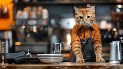Cat barista in uniform working at a cafe coffee shop restaurant. Concept Cat Barista, Cafe Setting, Uniform, Coffee Shop, Restaurant photo