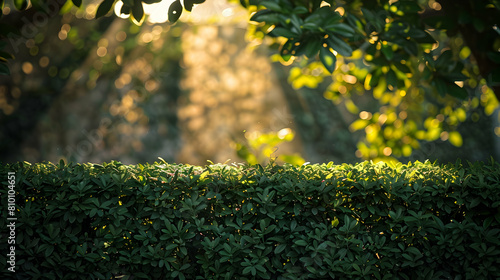 The shadow and light play on a hedge as the sunset casts long shadows, creating a dramatic and moody effect
