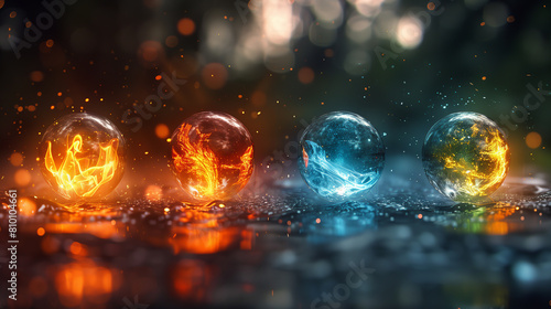 Four spheres of elements, fire water air earth, glass marbles with different colors with colorful glowing particles around on dark bokeh background