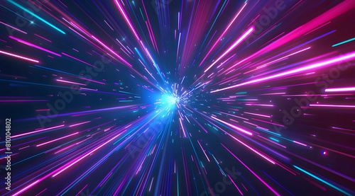 3d Render, Blue purple light line through dark background, hyper speed warp in space.