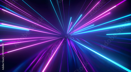 3d Render  Blue purple light line through dark background  hyper speed warp in space.