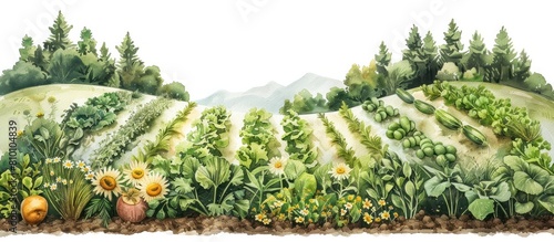 Whimsical Hobbit Garden with Lush Herbs and Vegetables in Watercolor Style photo
