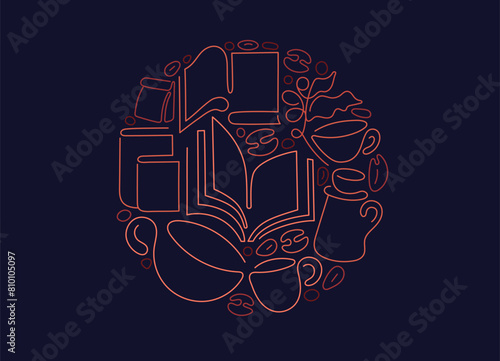 Open book, coffee cup. Cafe shop, coworking space