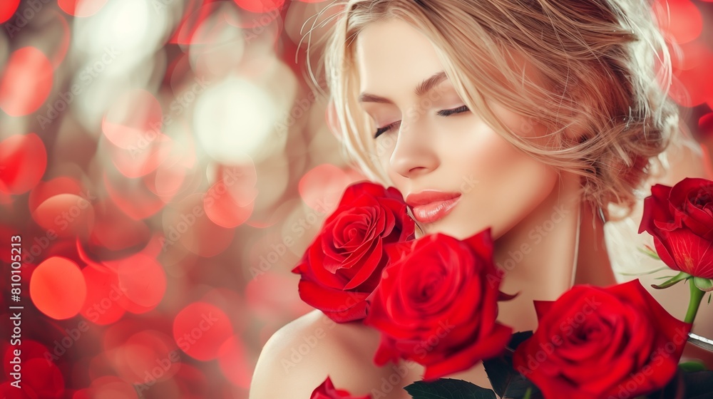 Naklejka premium woman embraces a bouquet of red roses from her loved one, her face aglow with happiness and gratitude, surrounded by love and affection.
