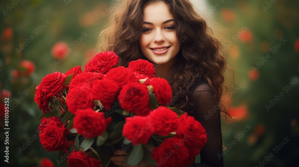 Radiant woman smiles joyfully, cradling a bouquet of vibrant red roses, her happiness mirrored by the blossoms' radiant hue, spreading love and warmth. Radiant woman smiles joyfully, cradling a bouquet of vibrant red roses, her happiness mirrored by the blossoms' radiant hue, spreading love and warmth.
