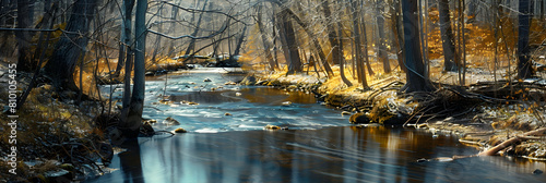 The tranquil flow of a watershed in early spring, with melting ice and budding trees, captured with a clarity filter to enhance the crisp details photo