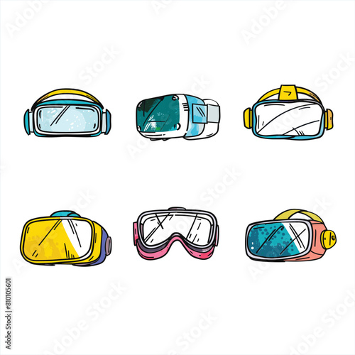 Set six different styles goggles sketched vibrant colors isolated white background. Collection various modern goggles sports, virtual reality, protection, swimming designed cartoon style. Handdrawn