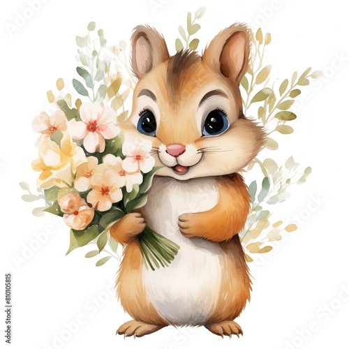 Chipmunk. Chipmunk with flowers clipart. Watercolor illustration. Generative AI. Detailed illustration.