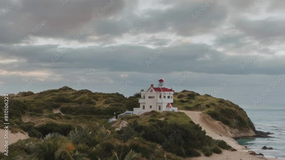 Lighthouse on the hill, aesthetic farmhouse, guesthouse, rest house on the coast of the ocean, sea shore mountain beach waves sky clouds and lighthouse generative AI Lighthouse on the hill, aesthetic farmhouse, guesthouse, rest house on the coast of the ocean, sea shore mountain beach waves sky clouds and lighthouse generative AI