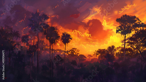 Twilight in a tropical forest, with the setting sun casting golden hues through the tall trees and the sky painted in shades of orange and purple