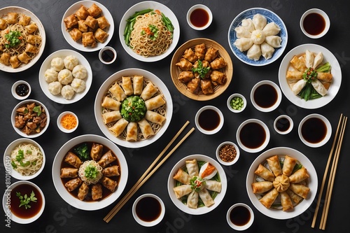 Assorted Chinese food set. Chinese noodles, fried rice, dumplings, peking duck, dim sum, spring rolls. Famous Chinese cuisine dishes on table. Top view. Chinese restaurant concept. Asian style banquet