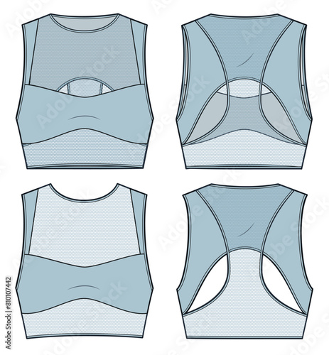 Sport Bra technical fashion illustration. Mesh Crop Top fashion flat technical drawing template, cutout, front and back view, lite blue color, women CAD mockup set.