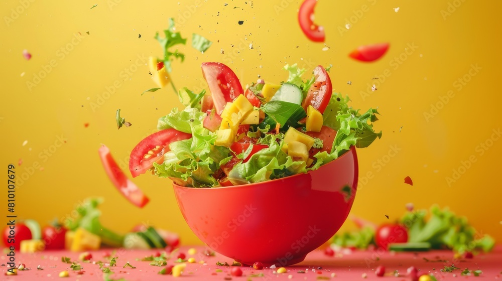Playful poster highlighting a spinning bowl of salad Playful poster highlighting a spinning bowl of salad
