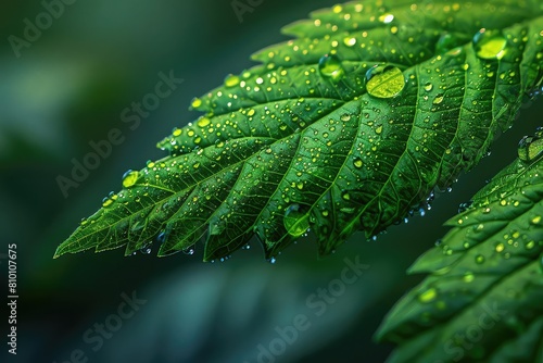 Fern leaf and water droplets, super macro closeup, emphasis on natural details and patterns