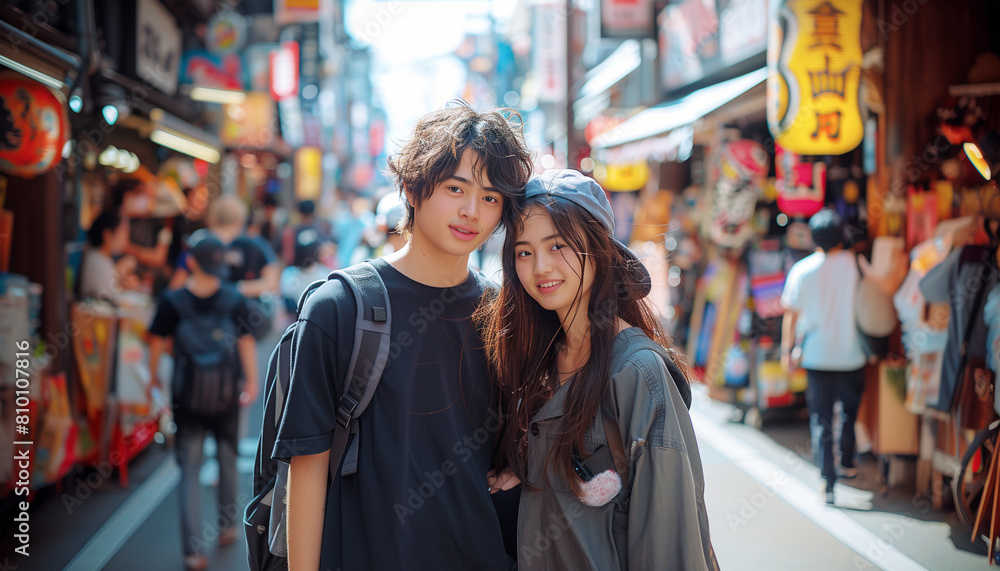 Stylish japanese couple explores bustling city streets, exuding confidence and allure. Amidst the urban hustle, they stand out with their fashion-forward leather jackets and captivating gazes.