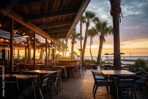A Bustling Beachfront Seafood Eatery Illuminated by the Warm Glow of a Tropical Sunset