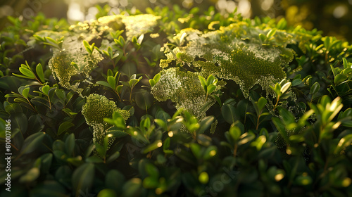 Ultra HD close-up of a hedge shaped into a map of the world, focusing on the continents' outlines and the lush green textures under natural afternoon sunlight