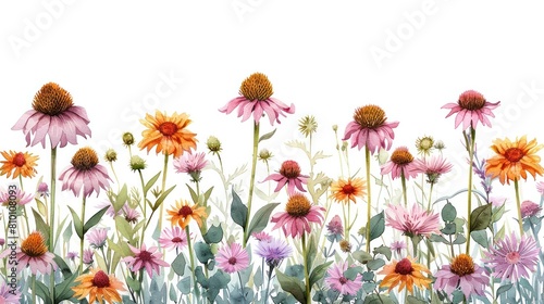 Idyllic Botanical of a Sunlit Meadow with Swaying Echinacea and Milk Thistle Flowers