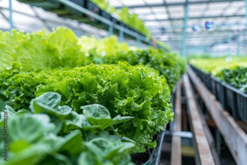 Fresh green lettuce plants growing in a hydroponic greenhouse farm