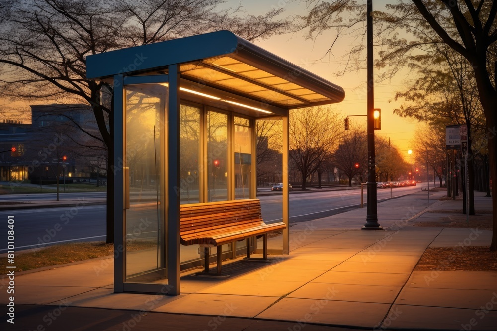 An Old-fashioned Bus Stop Shelter Bathed in the Golden Light of Sunset in a Peaceful Suburb