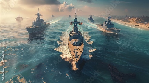 Several modern ships are sailing to an island with sand, modern ships, world of warships. Generative AI.