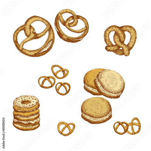 Tasty pretzel, donut. Brezel sketch hand drawn, engraving, ink art. German food. Design for cafe restaurant menu. Octoberfest poster, banner emblem sticker. Vector illustration