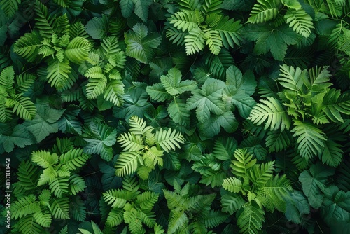 Fern leaf pattern seen from above, intricate natural design, dense greenery, artistic, aerial view photo