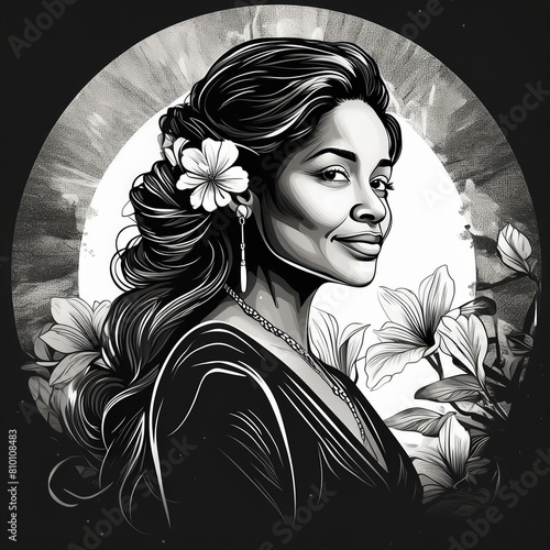 Black and White Illustration of Woman with Flower in her Long Curly Hair with Flower Background photo