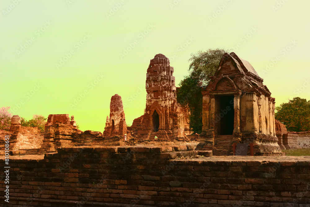 Ruins of Buddhist ancient shikhara, dagoba, stupa in southern Thailand, Ayutthaya. The ancient capital of the kingdom of Ayutthaya, which preceded Siam, 14th century Ruins of Buddhist ancient shikhara, dagoba, stupa in southern Thailand, Ayutthaya. The ancient capital of the kingdom of Ayutthaya, which preceded Siam, 14th century