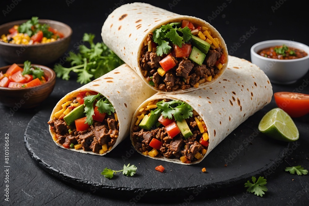 Burritos wraps with beef and vegetables on black background. Beef burrito, mexican food. Burritos wraps with beef and vegetables on black background. Beef burrito, mexican food.