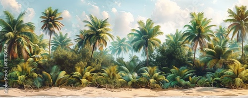 Tropical beach with lush palm trees and vegetation