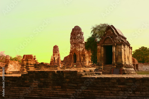 Ruins of Buddhist ancient shikhara, dagoba, stupa in southern Thailand, Ayutthaya. The ancient capital of the kingdom of Ayutthaya, which preceded Siam, 14th century