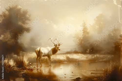 Vintage Oil Painting of an Deer in muted colors 
