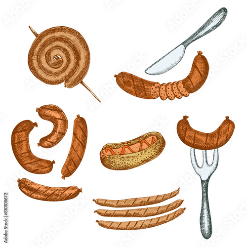 Oktoberfest food. Vector illustration of snack for beer barbeque roasted sausages, salami, hot dog. Pub menu