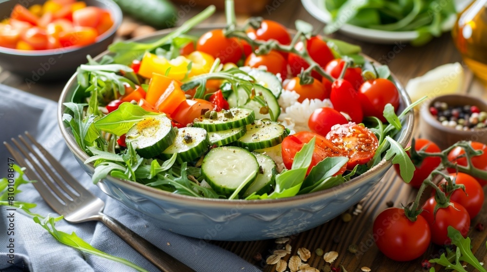 A bowl filled with healthy vegetarian salad consisting of fresh vegetables, tomatoes, cucumbers, sweet peppers, and porridge, as well as vegan food.