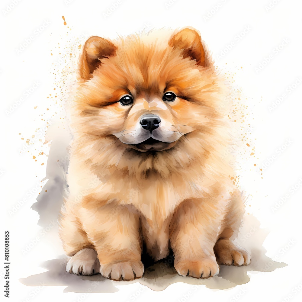 Chow chow. Puppy dog. Chow clipart. Watercolor illustration. Generative AI. Detailed illustration.