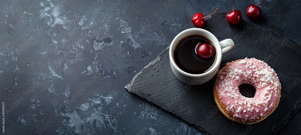 Donut with cherry and cup of coffee on a black stone table. View from above. place for text. Donut with cherry and cup of coffee on a black stone table. View from above. place for text.