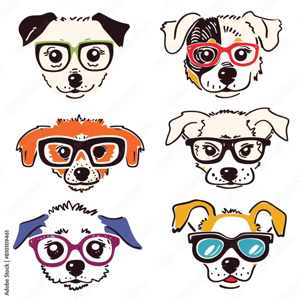 Fototapeta premium Six cartoon dogs wearing different styles glasses. Dogs vary expressions glasses colors, cute canine faces. Handdrawn style, playful dog portraits, colorful eyewear fashion