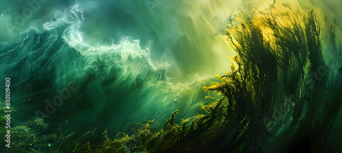 Underwater view of a kelp forest during a storm, capturing the turbulent water and swirling kelp in a dramatic dance of nature's forces